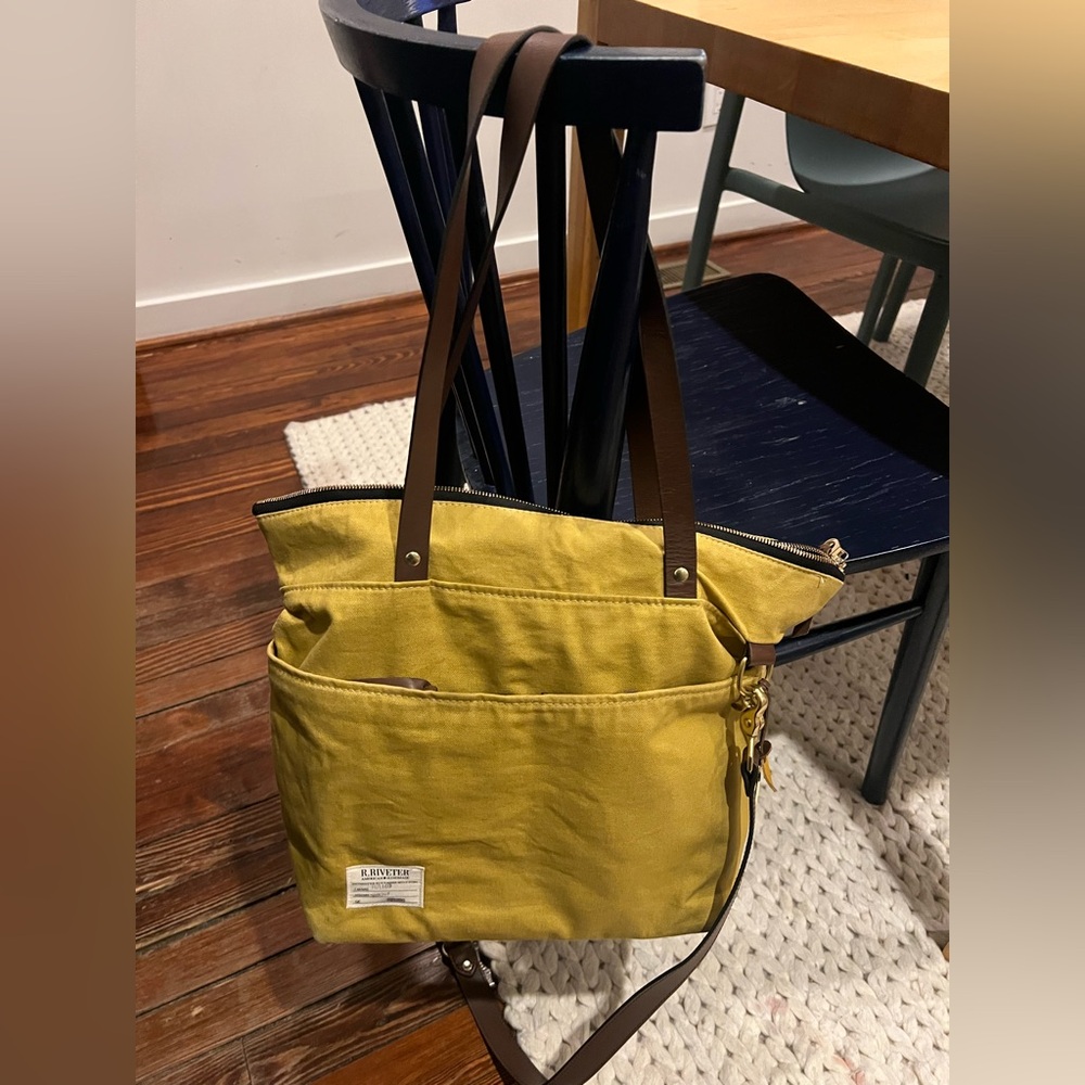 Women’s Tote Bag in Mustard Yellow with Brown Handles - Picture 3 of 7